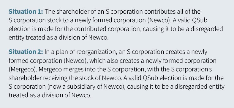 Examples of S corporation reorganizations with QSub elections, illustrating tax treatment under different restructuring scenarios."