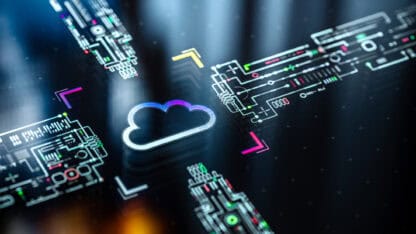 Circuit board traces converging on a cloud icon.