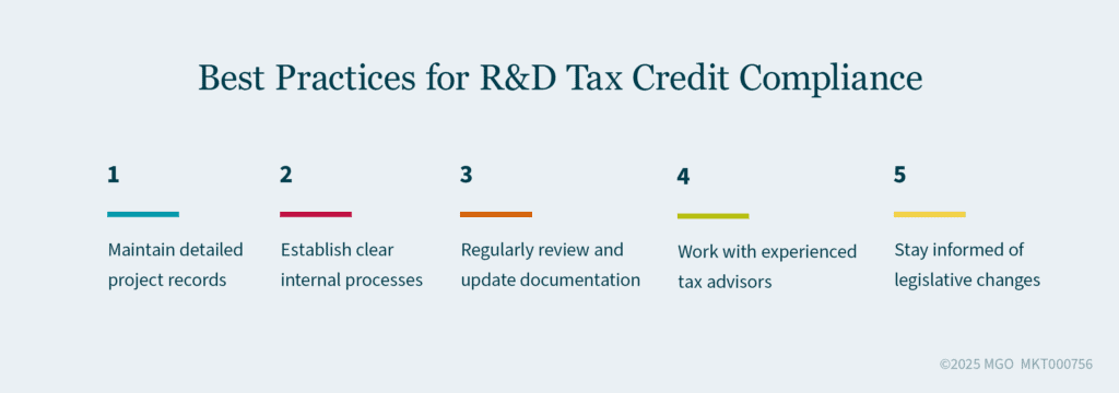 R&D tax credit compliance best practices include maintaining detailed project records, establishing clear internal processes, and staying informed of legislative changes