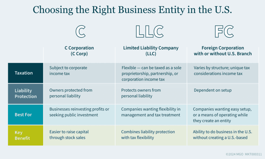 Chart explaining the differences in taxation, liability protection, business fit, and key benefits between C Corporations, Limited Liability Companies, and Foreign Corporations.