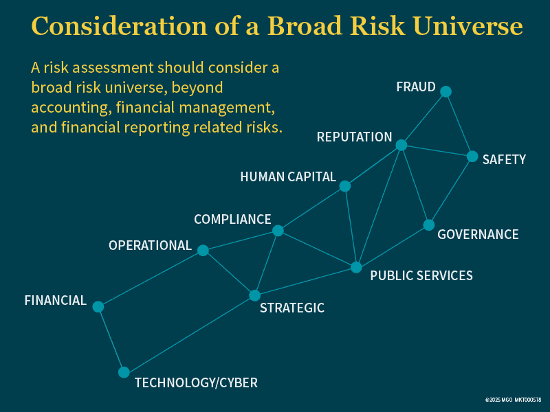 Graphic providing a visual example of a broad risk universe, including fraud, financial, operational, governance, and compliance considerations
