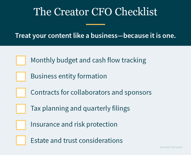 Graphic showing ways to treat your content creation like a business, including monthly budgeting, cash flow tracking, business entity formation, and tax planning