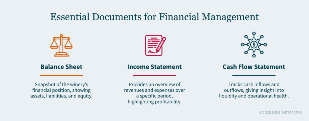 Graphic showing key documents for winery financial management including balance sheets, income statements, cash flow statements