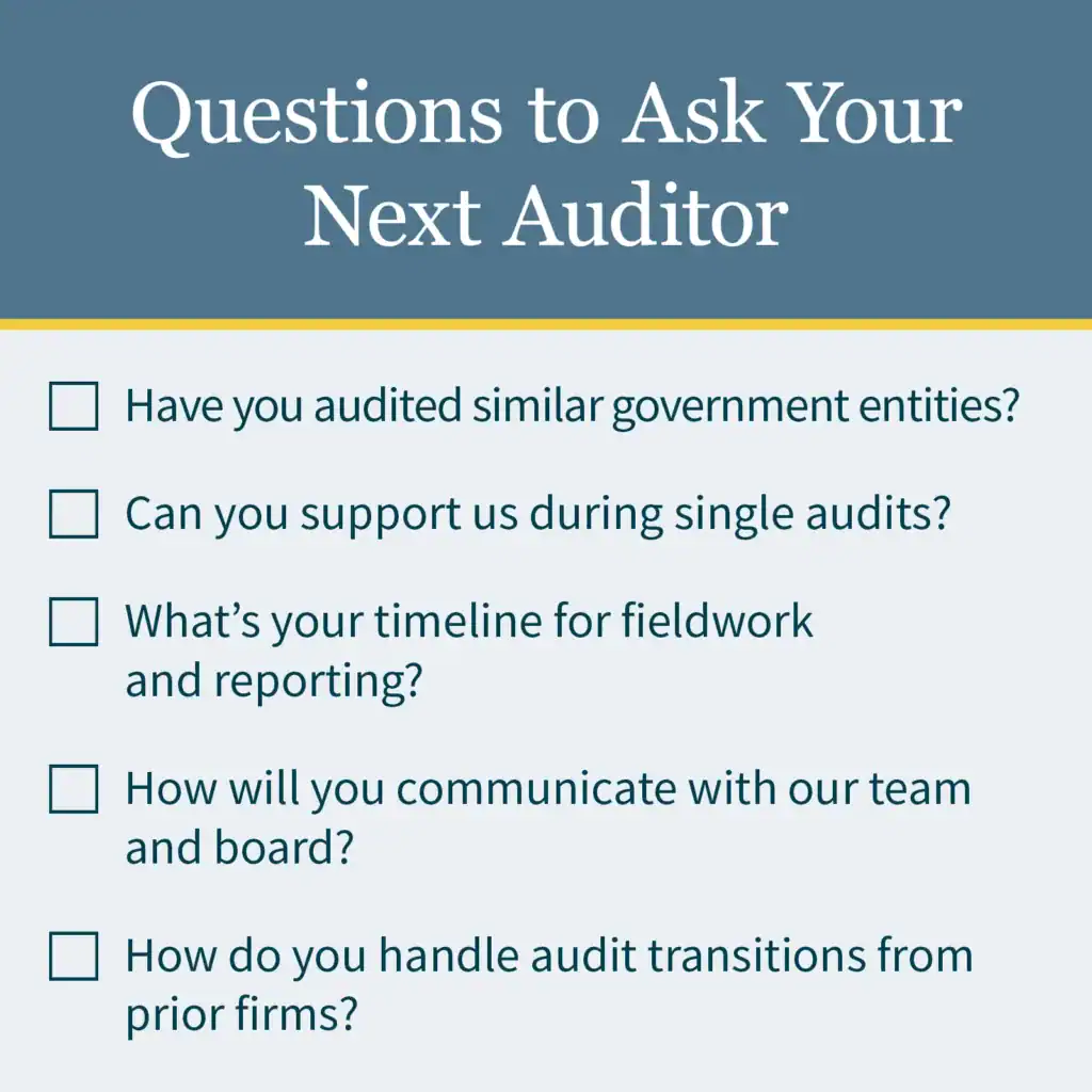 Sample questions for government entities to ask prospective auditors, such as "what's your timeline for fieldwork and reporting?" and "how do you handle audit transitions>"