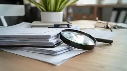 Neatly organized stack of documents with a magnifying glass on top